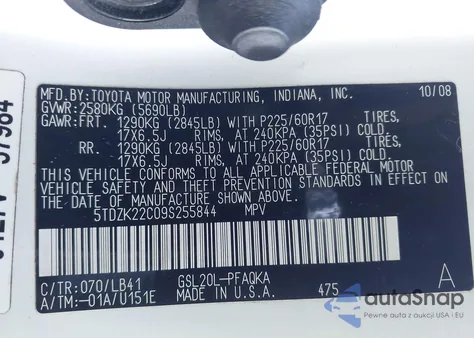 2009 Toyota Sienna Xle z USA, uszkodzony, nr VIN 5TDZK22C09S255844